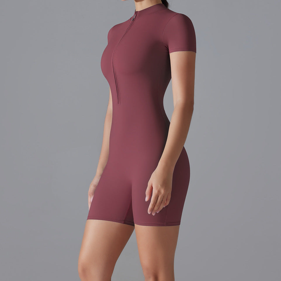 Summer Zipper Short-sleeved Shorts Jumpsuit Yoga Fitness Dance Slim Sports Bodysuit Women Sports Clothing